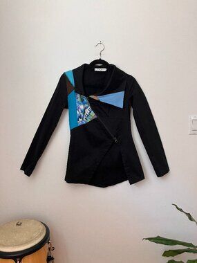 Myco Anna Upcycled Asymmetric Zip Jacket | Geometric Panels | Black Teal | Small